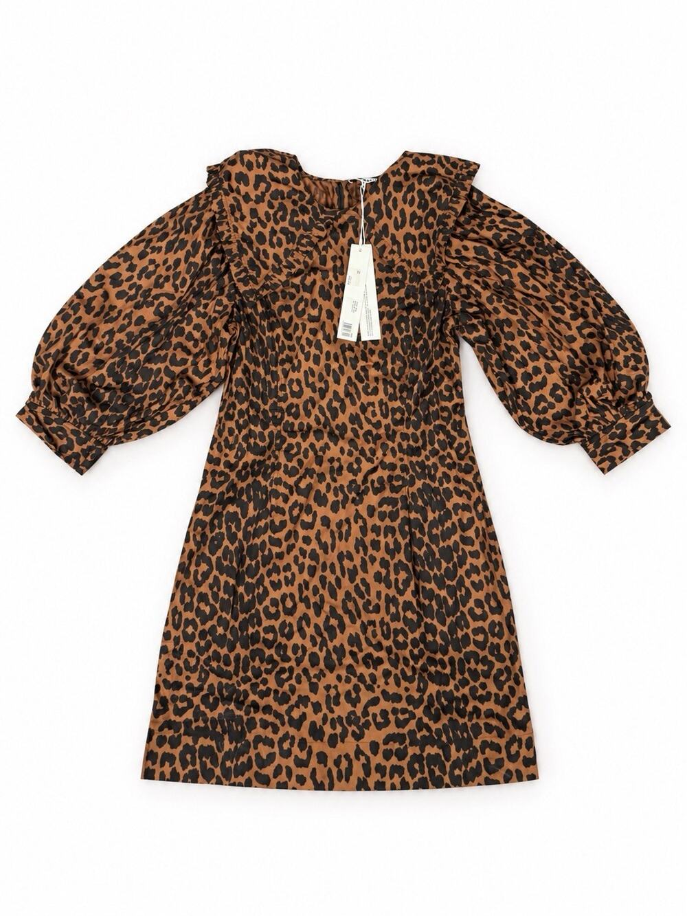 GANNI Leopard Print Puff Sleeve Mini Dress Women’s EU 38 US 6 NWT $205